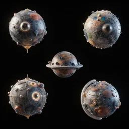 list of 3 d concepts, various unusual space constructions and engineered celestial bodies on a black solid background