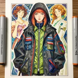 a copic maker illustration by yoshiyuki sadamoto and lois van baarle and alphonse mucha of a russian girl highly features wearing streetwear anorak and a pilot suit lots of zippers, pockets, synthetic materials, by issey miyake and balenciaga 8 k