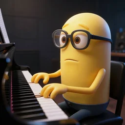 nerd emoji playing a piano in a dark studio room. hyperrealistic, hyperdetaled quality, cinematic lightning, cinematic, intense shadow lightning, global illumination, post processed, artstation, octane render