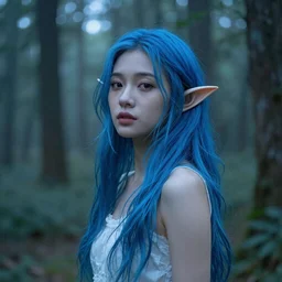 beautiful young Asian elf woman with blue hair in a hazy forest at dusk, by Zdzisław Beksiński