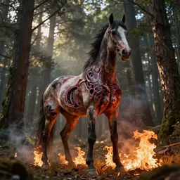 rearing nightmare horse on fire, undead with exposed ribs, standing majestically in the forest clearing, dramatic back lighting, octane render