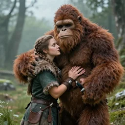 a viking and a bigfoot hugging