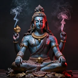 lord shiva smoking marijuana, dark background, red smoke, studio photography