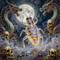 concept art of translucent glowing cockroach dancing, big booty, flowy, melting, round moon, swirly clouds, very detailed, volumetric light, mist, fine art, textured oil over canvas, dragons, epic fantasy art, very colorful, ornate intricate scales, gold skulls, fractal gems, 8 k, hyper realistic, high contrast