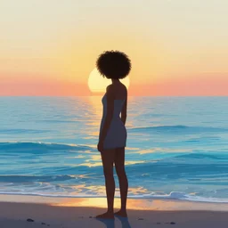 a black girl with an afro standing on the shore of a vast endless opal ocean at sunset, by simon stalenhag, digital illustration, cg society