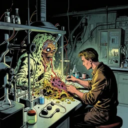 laboratory, dimly lit, apparatus filling the space. Comic book style of Frank Brunner. Unspeakable, horrific unnatural experiments are performed here