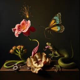 mutant dutch golden age mold tendril mucus toes tongue bubble snot disturbing lizard snake flower tube cable sparks chrome hunting butterfly still life, otto marseus van schrieck still life, dutch golden age painting, dramatic lighting, cinematic lighting, willem van aelst still life, oil on canvas. perfect composition, chiaroscuro