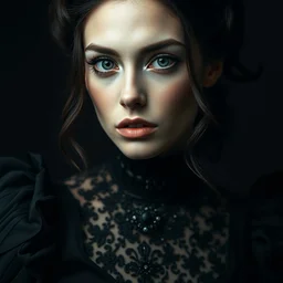 portrait of megan fox by irakli nadar with intricate detailed wearing victorian dress designed by alexander mcqueen and rocky gathercole, haunting, elite, elegant, ruan jia, dark, hyper detailed, concept art, by gustav klimt, studio portrait taken using canon mark ii, studio lighting gel, black studio background