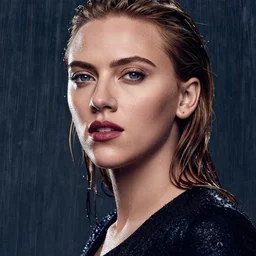 close up of face of a wet fashion model scarlet johansson in luxury dress, heavy rain, dramatic lighting, official dior editorial, highly detailed