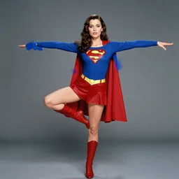 epic shot of mila kunis in hero pose, superwoman, 1 9 6 0
