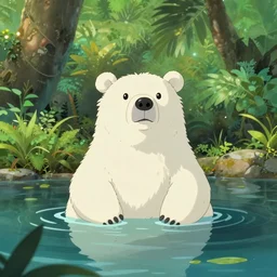 a white bear floating in a pond, surrounded by a lush jungle, sunny day, cell shaded, beautiful lighting, animation, ghibli, pixar