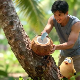 if he cuts the tree, coconut, coconut, cartoon, cartoon, highly detailed vfx, cinematic, volumetric lighting,