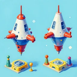 isometric spaceship model in gouache detailed bright funny paintings rotated left rotated right props stylised
