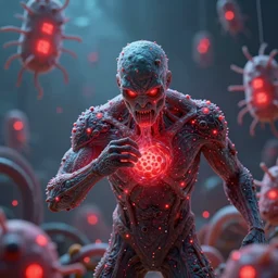 a dystopian superhero comic book story about bacterium algae that eats people and creates large red diodes all over their bodies hdr, hyperrealistic, 8 k, bokeh, prism, octane render