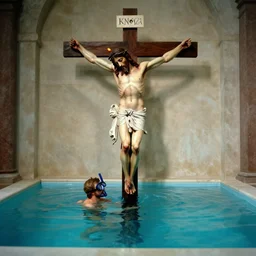 jesus on his cross with a snorkel swimming in a pool with water up to his waist in the michel angelo style