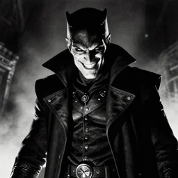 An devious looking rogue, smiling. Dark Fantasy, Film Noir, Black and White. High Contrast, Mike Mignola