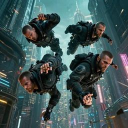 down angle view of cyberpunk navy seals falling into a cyberpunk city, detailed faces, realistic faces, photo realism