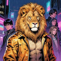 beautiful portrait commission of a albino male furry anthro lion wearing a tiger striped jacket. vaporwave city at night in the rain. Neon light. Atmospheric. Character design by charlie bowater, ross tran, artgerm, and makoto shinkai, detailed, inked, western comic book art