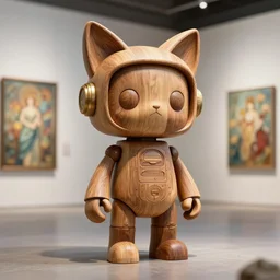 3D octane render ultra 8K photorealistic hyperdetailed unreal engine a ,VHS ,futurepunk ,concept art ,trending on cgsociety ,artwork masterpiece ,in a contemporary art gallery, lossless quality ,wooden sculpture on feet art toys ,a very cute mystical robot of the bohemian with cat’s ears  ,by Alphonse Mucha