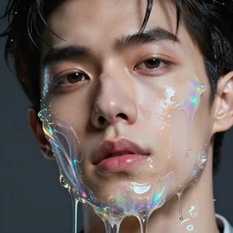 fluid extreme close up of gorgeous!! hyperrealistic male face melts like iridescent ice cream, digital art masterpiece, highly detailed neo pop surrealism, jason limon kay sage hannah yata, dramatic lighting, low angle, uhd 8 k, sharp focus