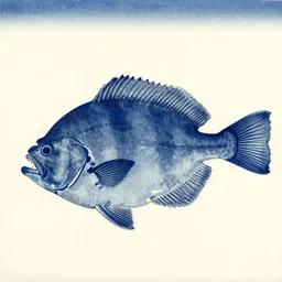 a flounder in the style of a japanese wood lock print, white background, dark blue ink
