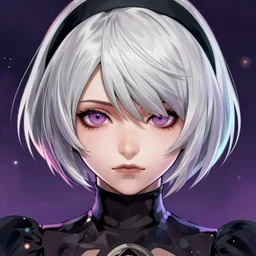2 b from nier automata, accurate anatomy, pretty face, face close - up, highly detailed, digital art, concept art, stunning, centered, portrait, colored vibrantly, particles, illustrated by wlop