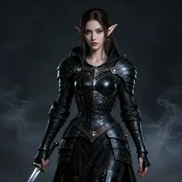 Portrait of a female gorgeous Elf Rogue called \'Mistress of Death\', high fantasy, epic, black leather armor, delicated young face, curves, pretty, dagger, darkness, chiaroscuro, smoke, dnd, by Leonardo Da Vinci, by Frank Franzzeta, trending, artstationHD, artstationHQ, cgsociety, octane, ultra HD, 8k, render