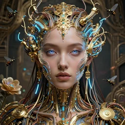 very beautiful woman integrating with technology, full face frontal centered, portrait, insipiring, detailed intricate ornate neon pulsating cables connected to head, big open electric eyes, luxurious detailed abundent wiring and implants, gold, renaissance, sci - fi, detailed technology background with cyber flowers and insects, dramatic lighting, photography, highly detailed, artstation, 8 k,