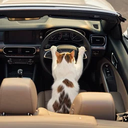 top view of cabriolet, cat sitting in driver seat with paws resting on top of steering wheel, golden hour, top view
