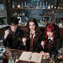 Three friends working in a magic laboratory, one of the friends is a young man with black hair and glasses, the second friend is a beautiful young woman with brunette hair, the third friend is a cute goth girl with red and black hair, wide angle photography, highly detailed and intricate, rule of thirds, color theory, magic laboratory setting, soft lighting, realistic photograph