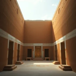 symmetry!! wide view inside!!! a simple temple made of ochre and white adobe walls, different altars in separate alcoves, light coming from outside, atmospheric high fantasy matte painting by craig mullins and marc simonetti and ivan shishkin, trending on artstation