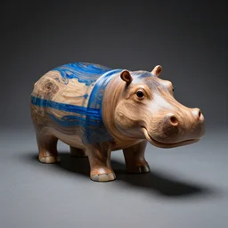 studio zeiss 1 5 0 mm f 2. 8 hasselblad, wood, a photo of a model hippo made of repurposed elm wood composite mixed with straight lines blue epoxy resin, dramatic lighting, award - winning photo, epoxy resin
