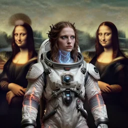 biblical daemonic girl wearing a spacesuit, glowing veins, looking sideways, second coming, rule of thirds, portrait by Greg Hildebrandt, studio lighting, muted colors, by Terry Richardson, by Leonardo DaVinci, by Beeple, ultrarelistic, extreme detail, caustics, trending on Artstation, 8K, octane renderer, rtx on