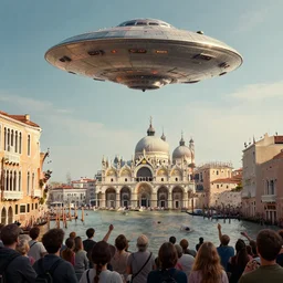 an alien ufo spaceship landing on renaissance italy venice city landscape with beautiful temples by greg rutkowski, artgerm, ross tran, magali villeneuve, intricate, time travel theme, audince in awe, sorrounded, award winning, octane render, masterpiece, 8 k