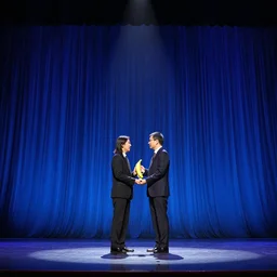 photo of a banana accepting an award on stage, wide perspective, blue curtains, highly detailed
