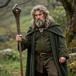 realistic hobbit, wild magic sorcerer halfling with staff and cloak