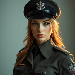 gorgeous russian woman in police uniform by tom bagshaw, jeremiah ketner, soft lighting, solid background,