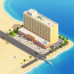 art by filip hodas, pixar, and artgerm. level design hotel motel road, beach, ocean, clean, advertising, entertainments, outside, exterior, fly view, isometric