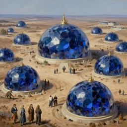 hyper detailed painting of giant domes made of shining sapphire, sprawling across majestic parched plains, by francisco goya and rembrandt, unsettling, mysterious, by stephan martiniere and alexander fedosav, hyperrealism, 8 k resolution, behance hd, artstation, nightcafe