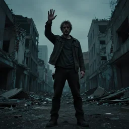the last person on Earth, standing in the ruins of the city waving at the camera, low angle, cinematic, low light