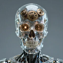 humanoid robot from ex machina, glass skull, transparent skull, see - through skull, gears and lights in the skull, cinematography by stanley kubrick, intricate, elegant, symmetry