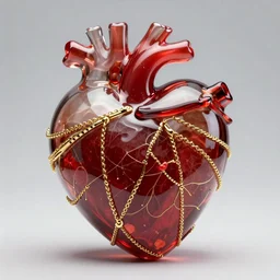 high resolution photo of a very beautiful human heart shaped glass organic sculpture made of translucent crimson colored glass embedded with fine gold chains, on a base. soft light, studio lighting, high resolution, high quality, dslr
