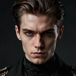 face shot portrait of arrogant powerful young man with black clothes, by greg rutkowski, by zdzislaw beksinski, very detailed, ornate, intricate, octane render, dark color lighting, volumetric lighting, 8 5 mm