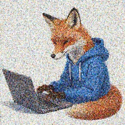 a fox in a blue hoodie on the white background hacking a notebook, concept art, anime style, digital art picture, highly detailed, artstation, detailed, award winning, colorful