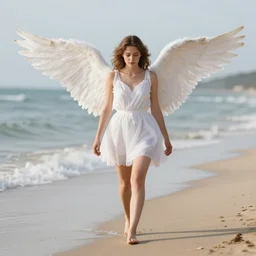 a photo of a real angel walking on a beach.