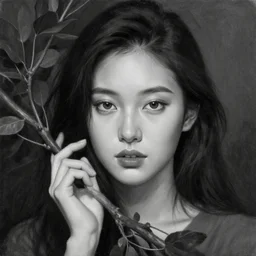 highly detailed beautiful black and white oil painting, portrait, hand gesture, branches and foliage, beauty, dark, masterpiece, art by durero, riccardo federici, james jean, craig mullins, alphonse musha, illustration, draw, spatula, splash