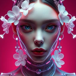 very up close symmetrical sci fi portrait of fashion elegant sophisticated of a translucent digital porcelain beautiful dainty cyborg lolita girl, dramatic lighting, ultra detailed ornate neon wire decoration, complex white nano mechanical flowers, micro detail, by satoshi kon, sharp focus, trending on artstation hq, deviantart, pinterest, unreal engine, 8 k