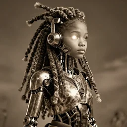futuristic himba young woman, glowing mechanical eye camera, mechanical limbs, cybernetic dreadlocks, realistic concept art, dramatic lighting, intricate, depth of field, full body, sepia