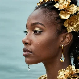 hyperrealistic precisionist cinematic profile very expressive! oshun goddess, ophelia in water!, mirror dripping droplet!, gold flowers, highly detailed face, digital art masterpiece, smooth eric zener cam de leon, dramatic pearlescent turquoise light on one side, low angle uhd 8 k, shallow depth of field