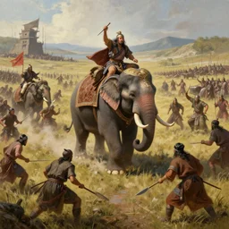 matte painting of a beautiful batttlefield of tai ethnic group versus mongol empire, a tai ethnic warlords ride an asian war elephant with emotional movement in the center of the battlefield, fight scene, digital art trending on artstation, elegant, loin cloth, highly detailed, oil painting, artstation, concept art, matte, sharp focus, illustration, hearthstone, art by earl norem